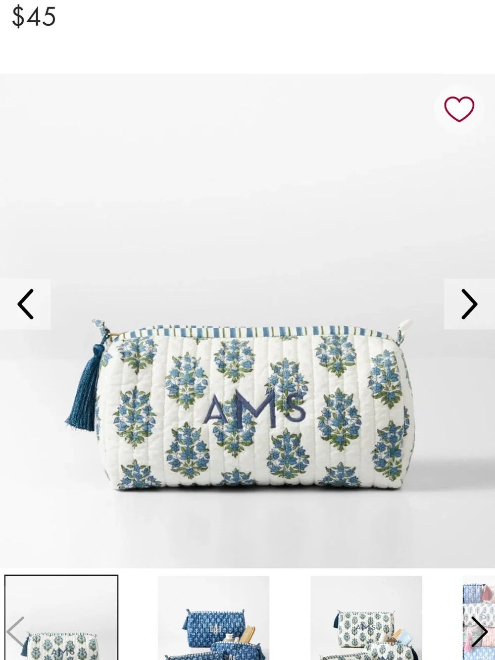 Mark & Graham White Quilted Cosmetic Pouch with Blue and Green Floral Print